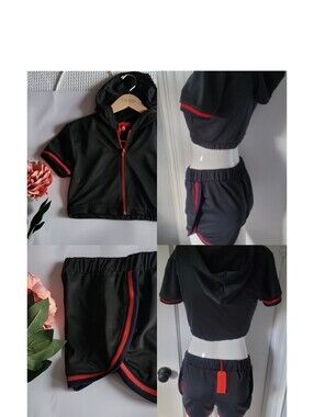 New Black & Red Stripes Short Sleeve Hoodie & Shorts Set